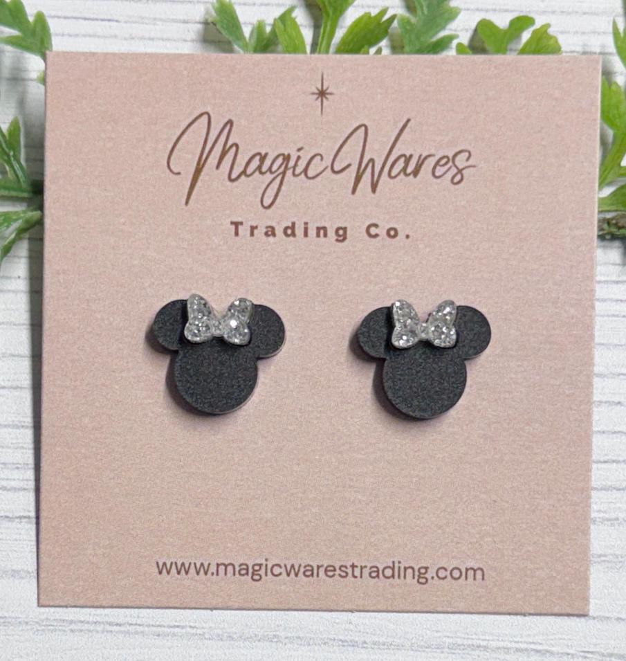 Silver Glitter Mouse Stud Earrings with Black Bow, Clip ons available