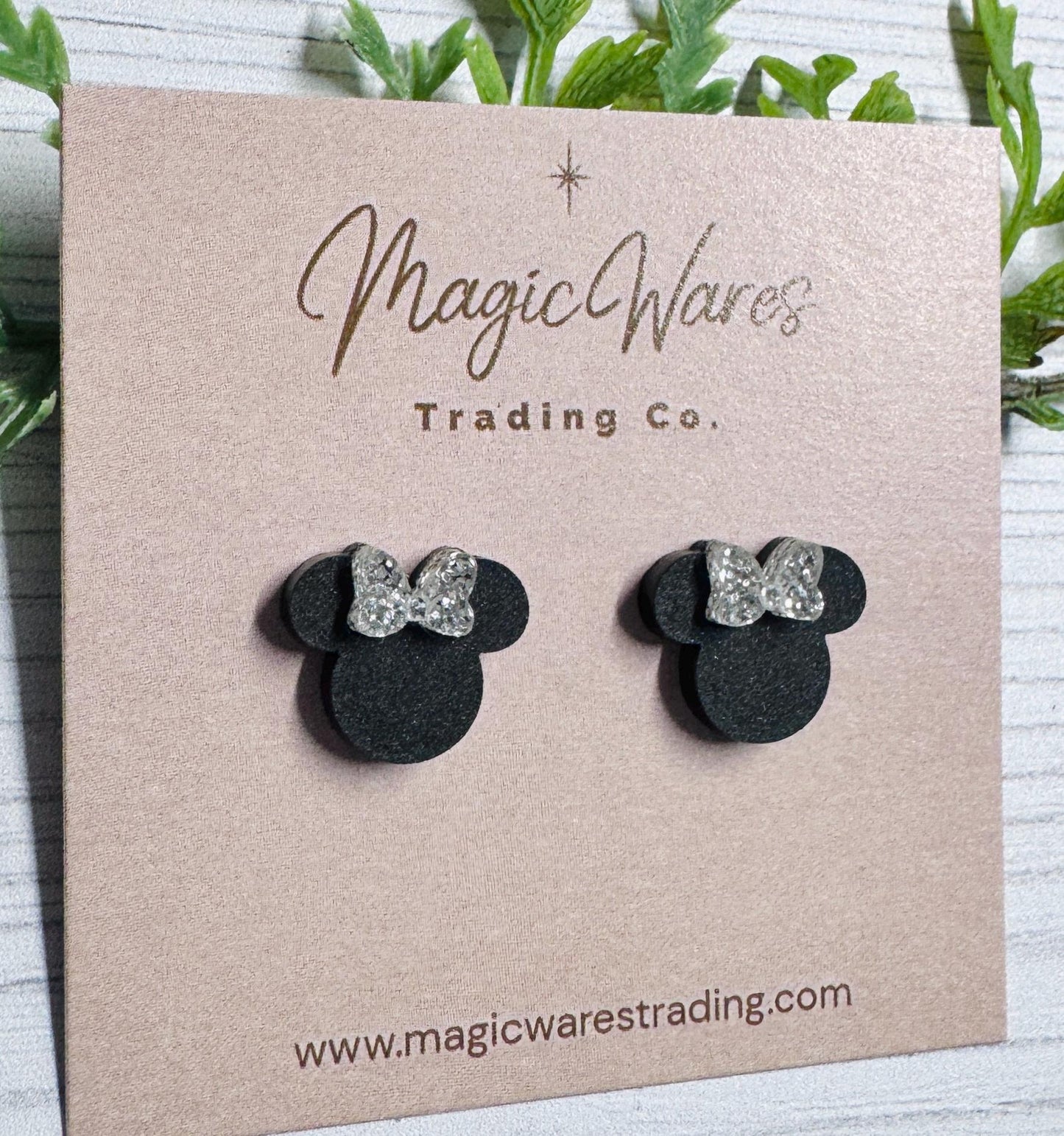 Silver Glitter Mouse Stud Earrings with Black Bow, Clip ons available