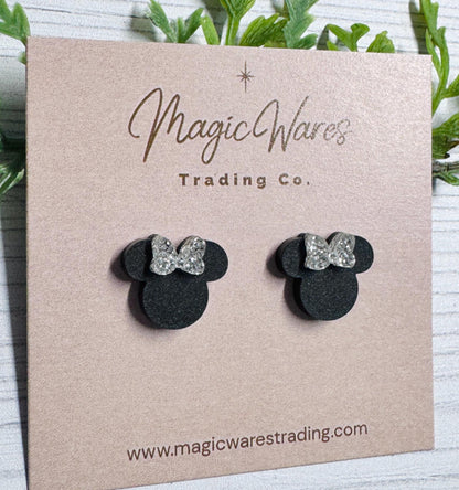 Silver Glitter Mouse Stud Earrings with Black Bow, Clip ons available