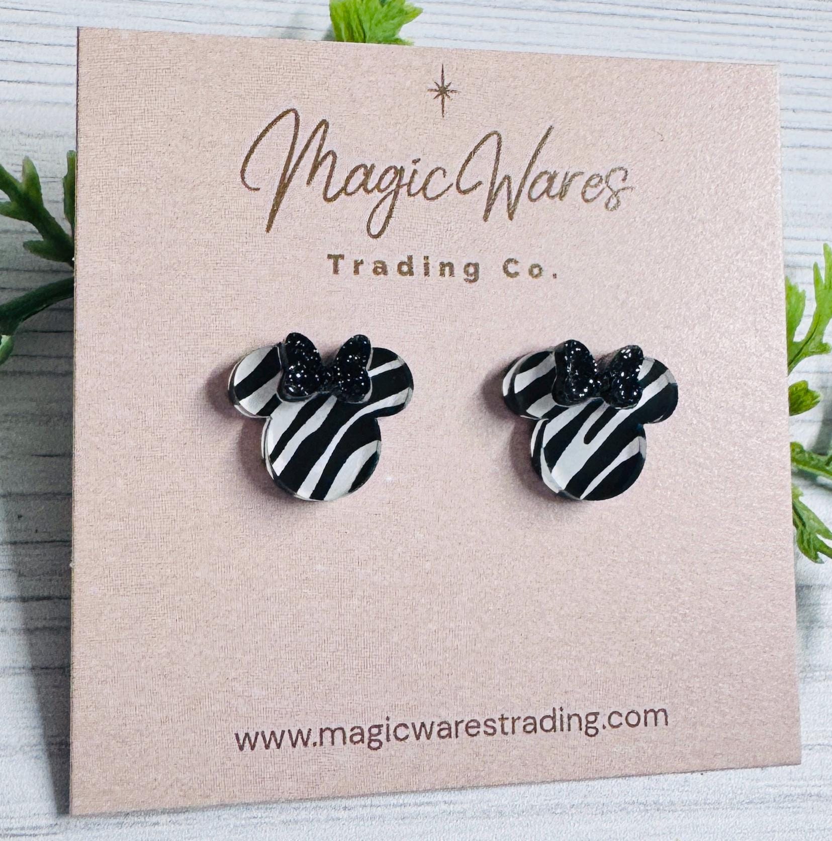Zebra Mouse Studs with Black GlitterBow, Stainless Steel Posts, Clip ons available