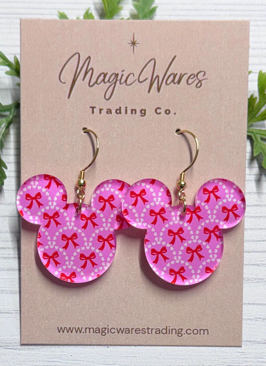Valentine Snack Cake Mouse head Laser cut Dangle Earrings, Pink and White Patterned Crystal Acrylic, Valentines Day Earrings