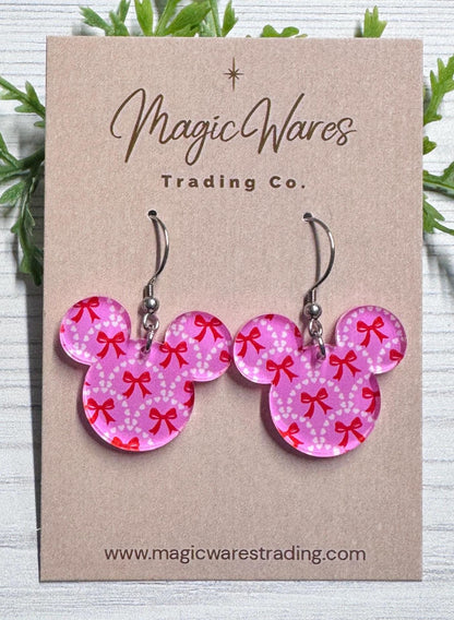 Valentine Snack Cake Mouse head Laser cut Dangle Earrings, Pink and White Patterned Crystal Acrylic, Valentines Day Earrings