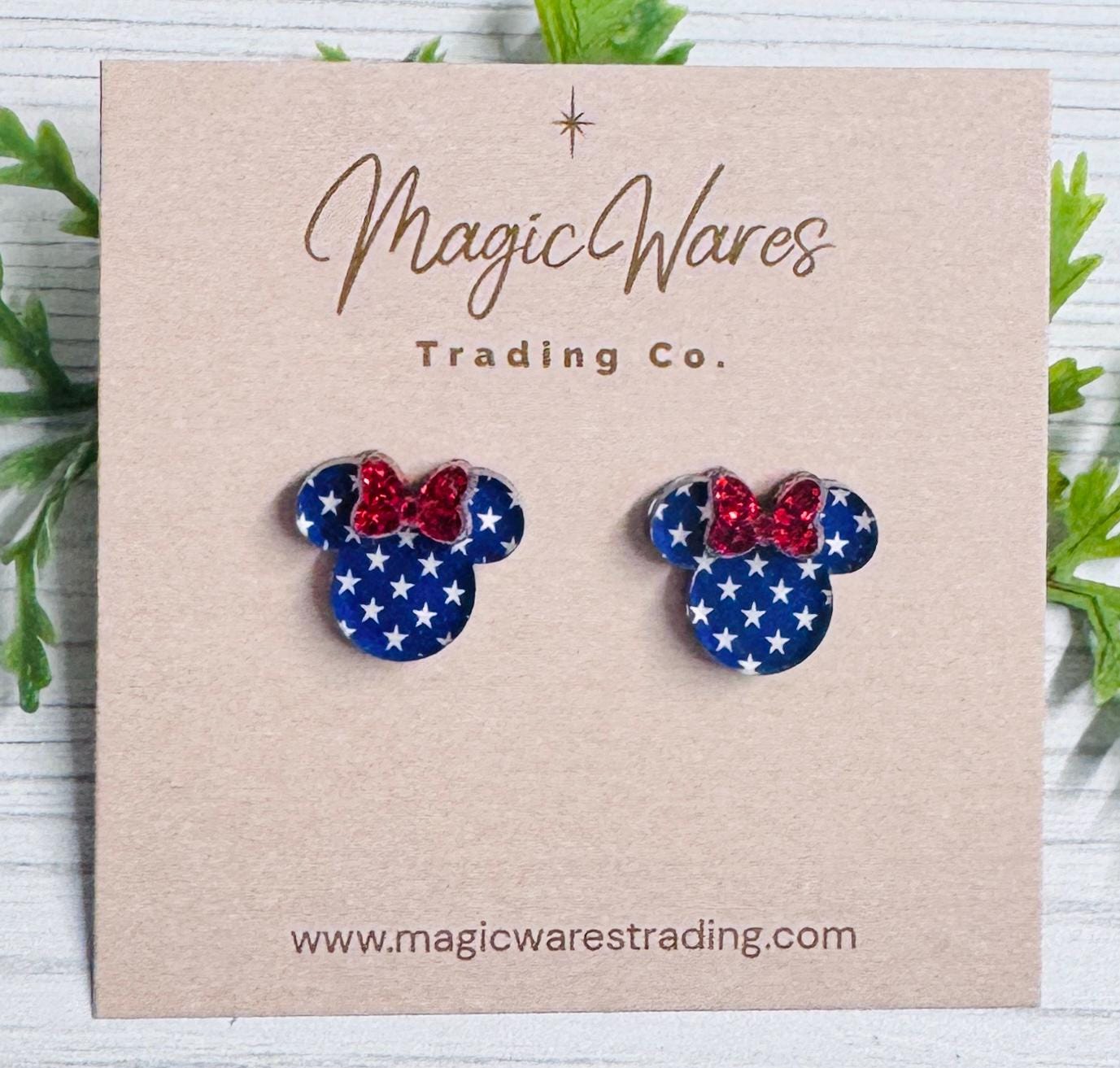 Patriotic Stars Mouse Studs with Red Glitter Bow, Surgical stainless steel posts, Clip-ons available