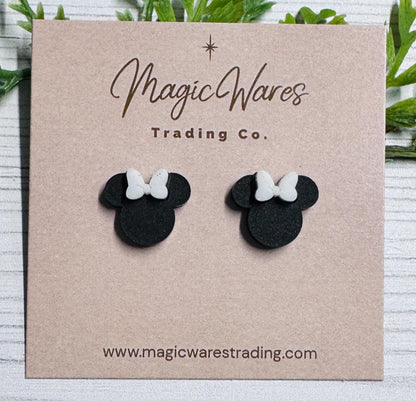 Black Mouse Stud Earrings, White Glitter Bow, Surgical stainless steel posts, Clip-ons available