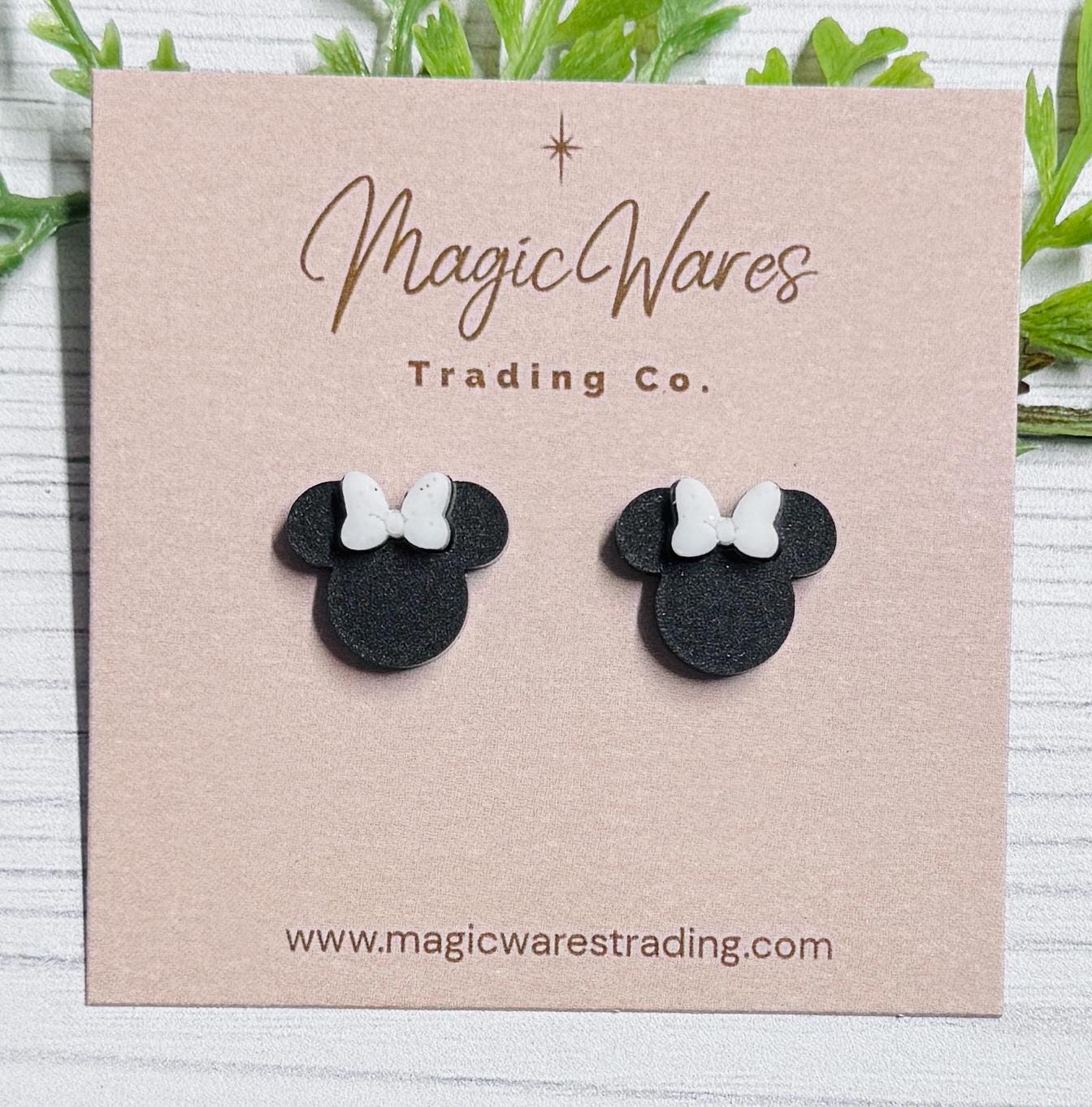 Black Mouse Stud Earrings, White Glitter Bow, Surgical stainless steel posts, Clip-ons available