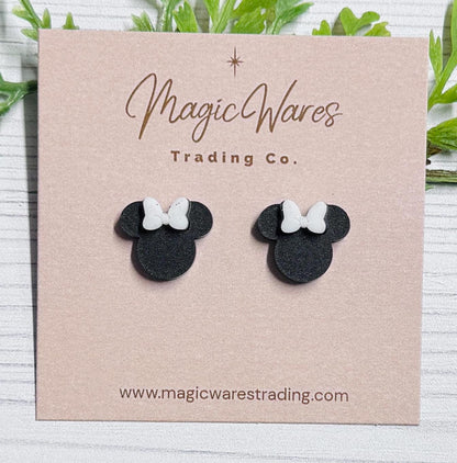 Black Mouse Stud Earrings, White Glitter Bow, Surgical stainless steel posts, Clip-ons available