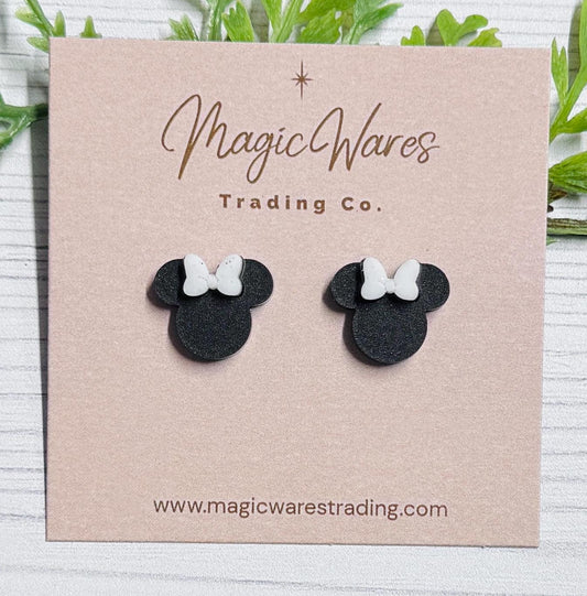 Black Mouse Stud Earrings, White Glitter Bow, Surgical stainless steel posts, Clip-ons available