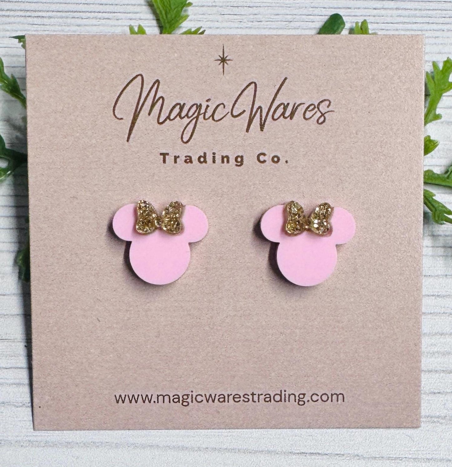 Dusty Rose with Gold Glitter Bow Mouse Head Stud Earrings, Clip-ons available