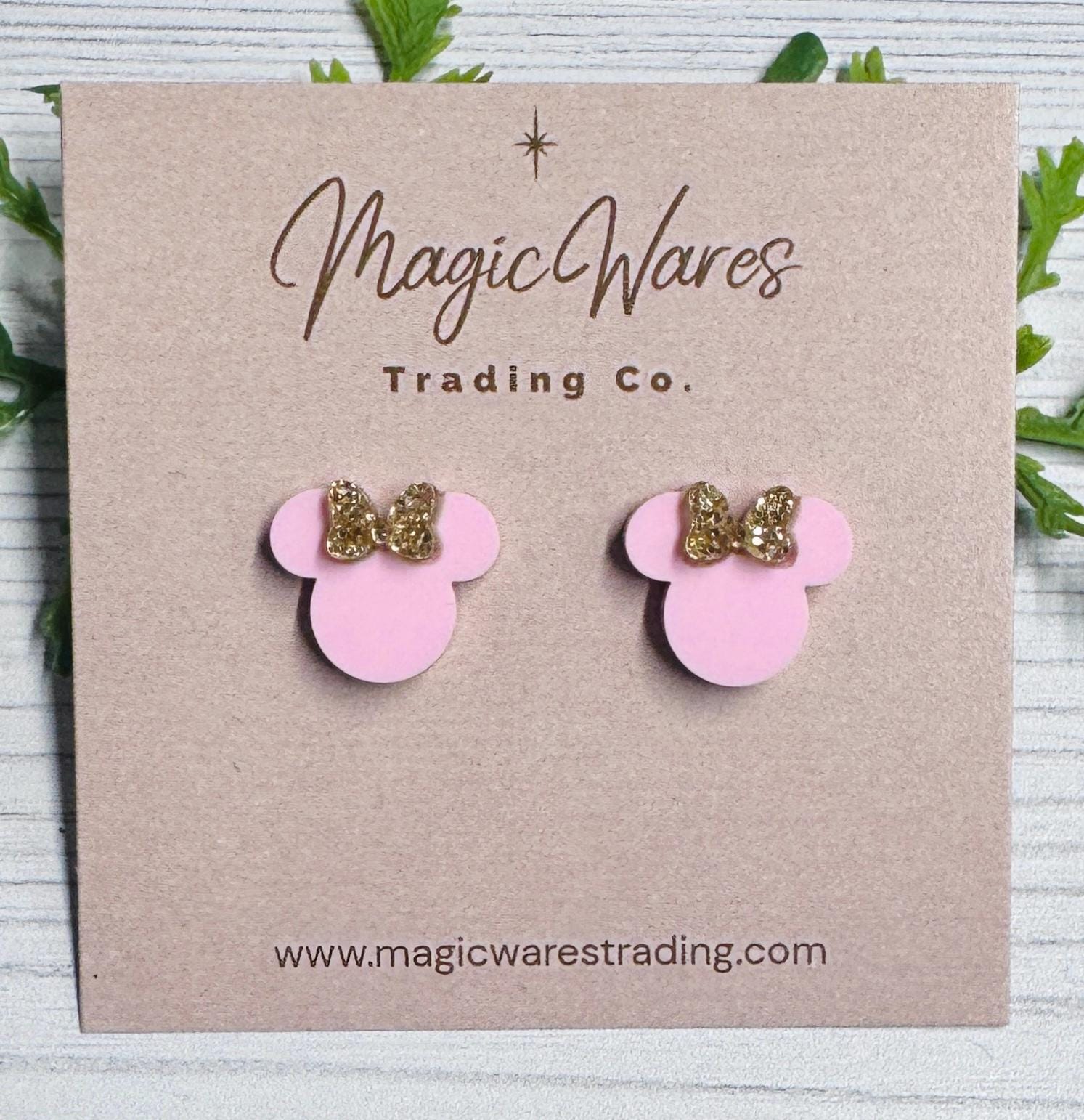 Dusty Rose with Gold Glitter Bow Mouse Head Stud Earrings, Clip-ons available