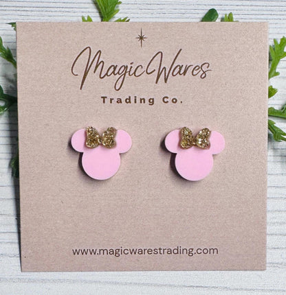 Dusty Rose with Gold Glitter Bow Mouse Head Stud Earrings, Clip-ons available