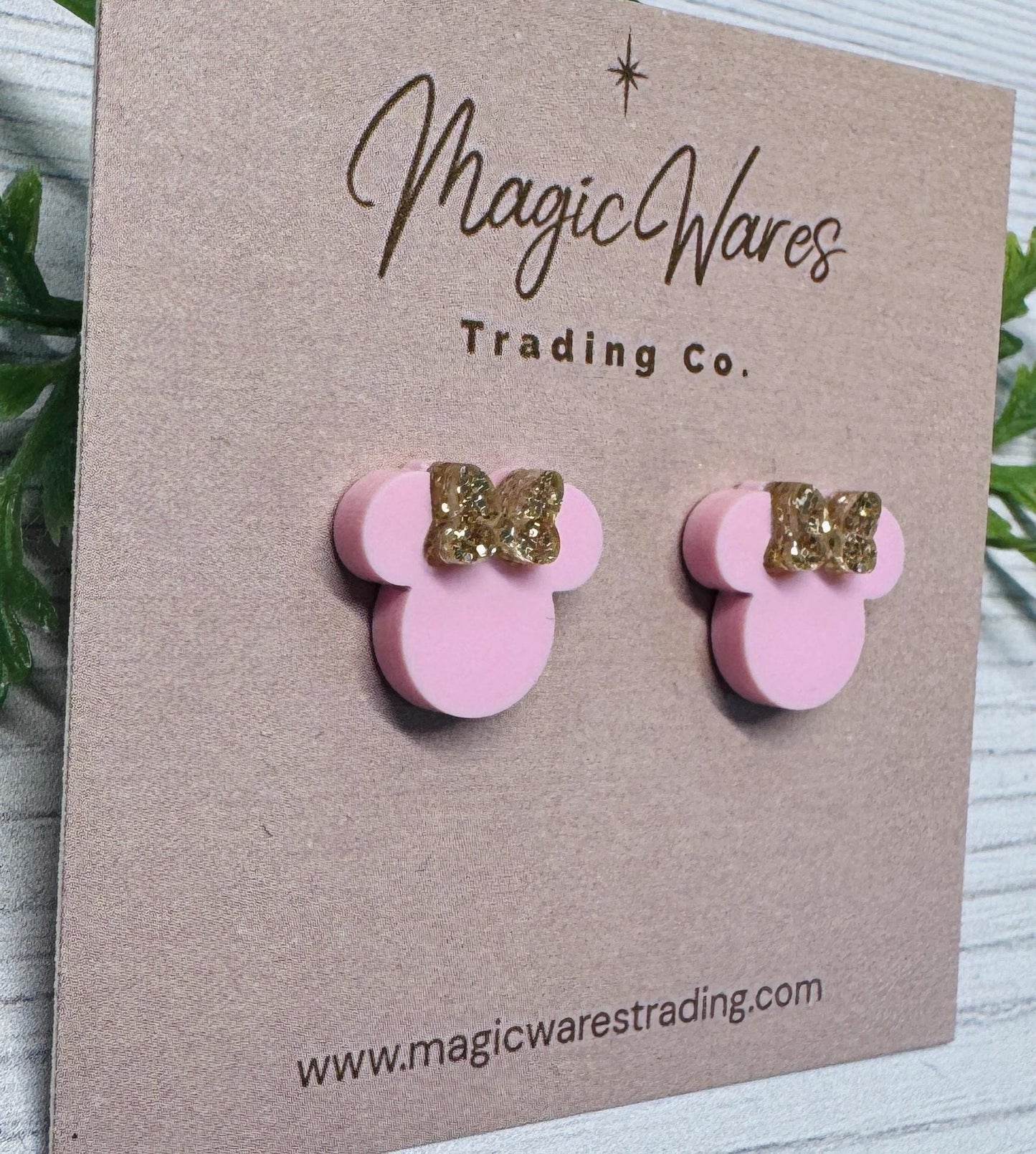 Dusty Rose with Gold Glitter Bow Mouse Head Stud Earrings, Clip-ons available