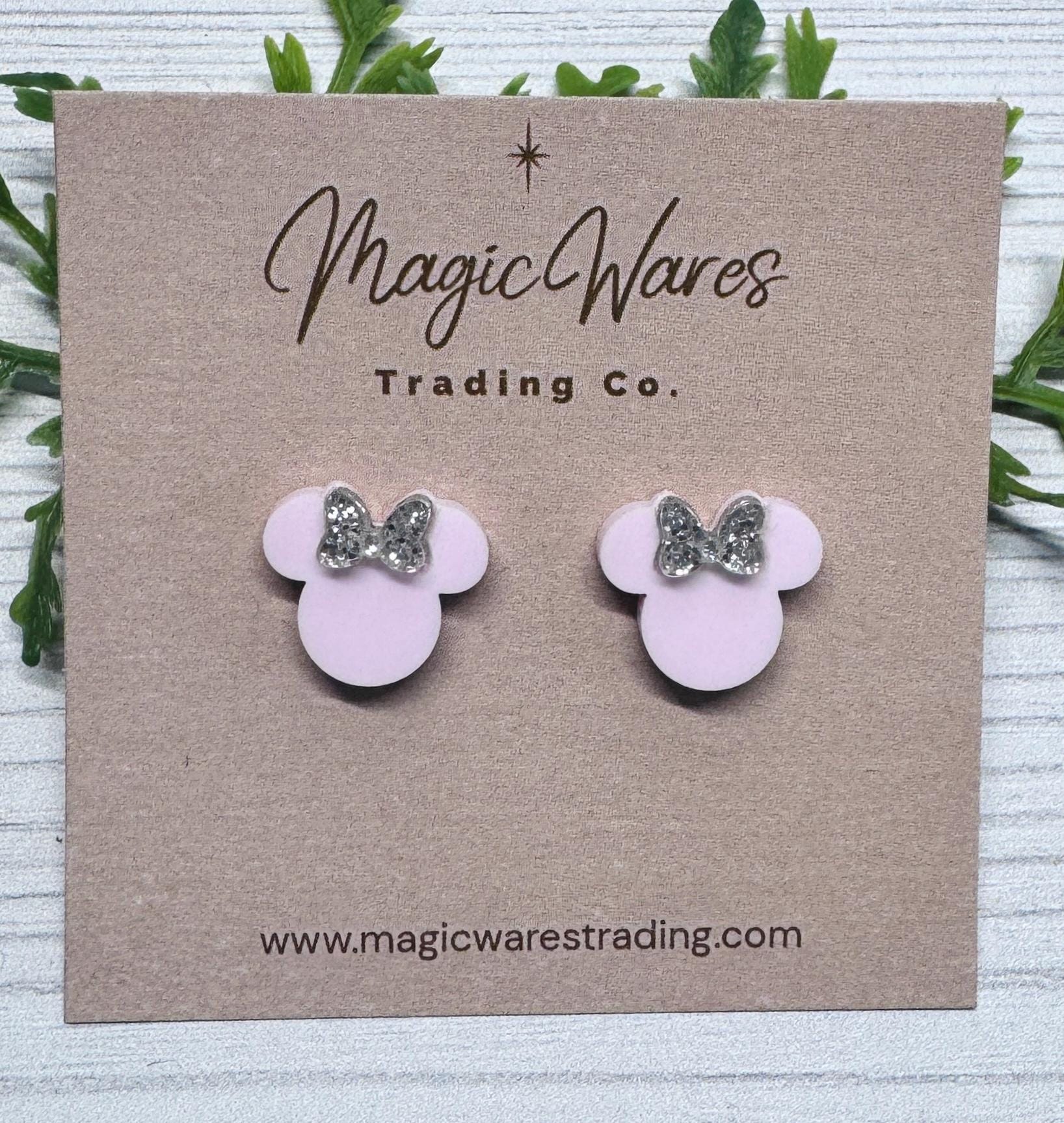 Blush Pink with Silver Glitter Bow Mouse Head Stud Earrings, Clip-ons available