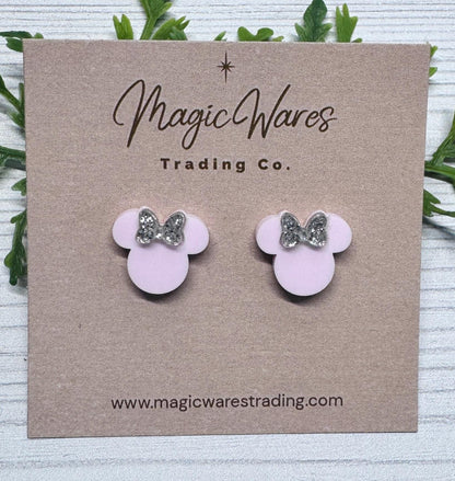 Blush Pink with Silver Glitter Bow Mouse Head Stud Earrings, Clip-ons available