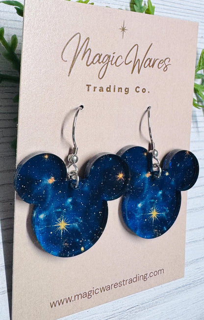 Cosmic Galaxy Mouse Earrings, Blue Acrylic Dangles, Guardians Earrings