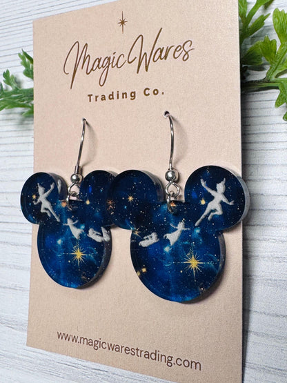 Neverland Night Sky Mouse Earrings, Blue Acrylic Dangles