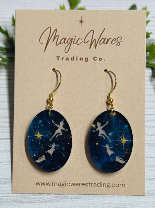 Neverland Night Sky Oval Dangle Earrings: Engraved Acrylic, Surgical Steel hooks