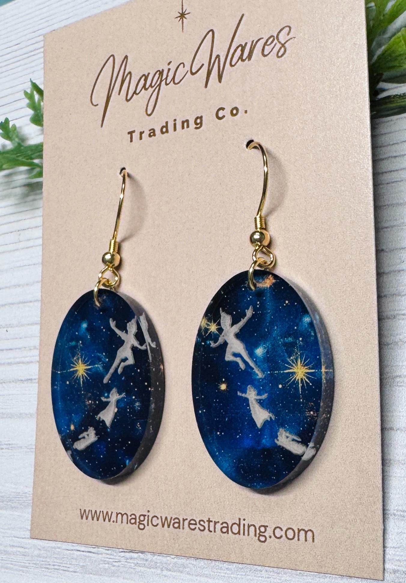 Neverland Night Sky Oval Dangle Earrings: Engraved Acrylic, Surgical Steel hooks