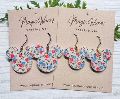 Patriotic Wildflowers Mouse Head Dangle Earrings, Lightweight Acrylic Dangles, 4th of July