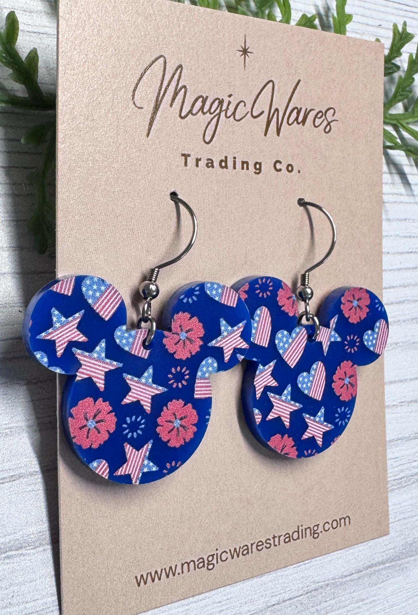 Patriotic Hearts and Stars Mouse Head Dangle Earrings, Lightweight Acrylic Dangles, 4th of July