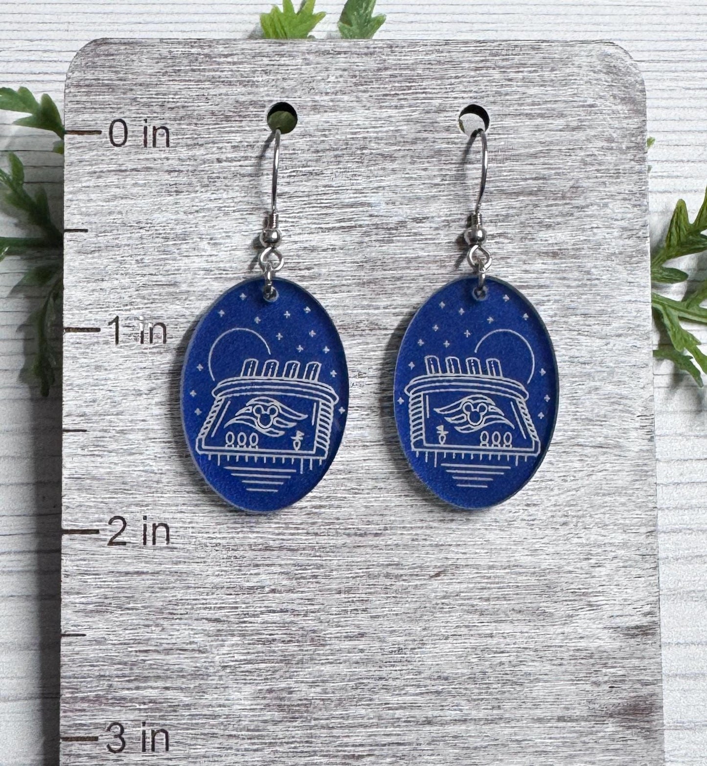 Moonlight Cruise Oval Dangle Earrings: Engraved Acrylic, Surgical Steel hooks