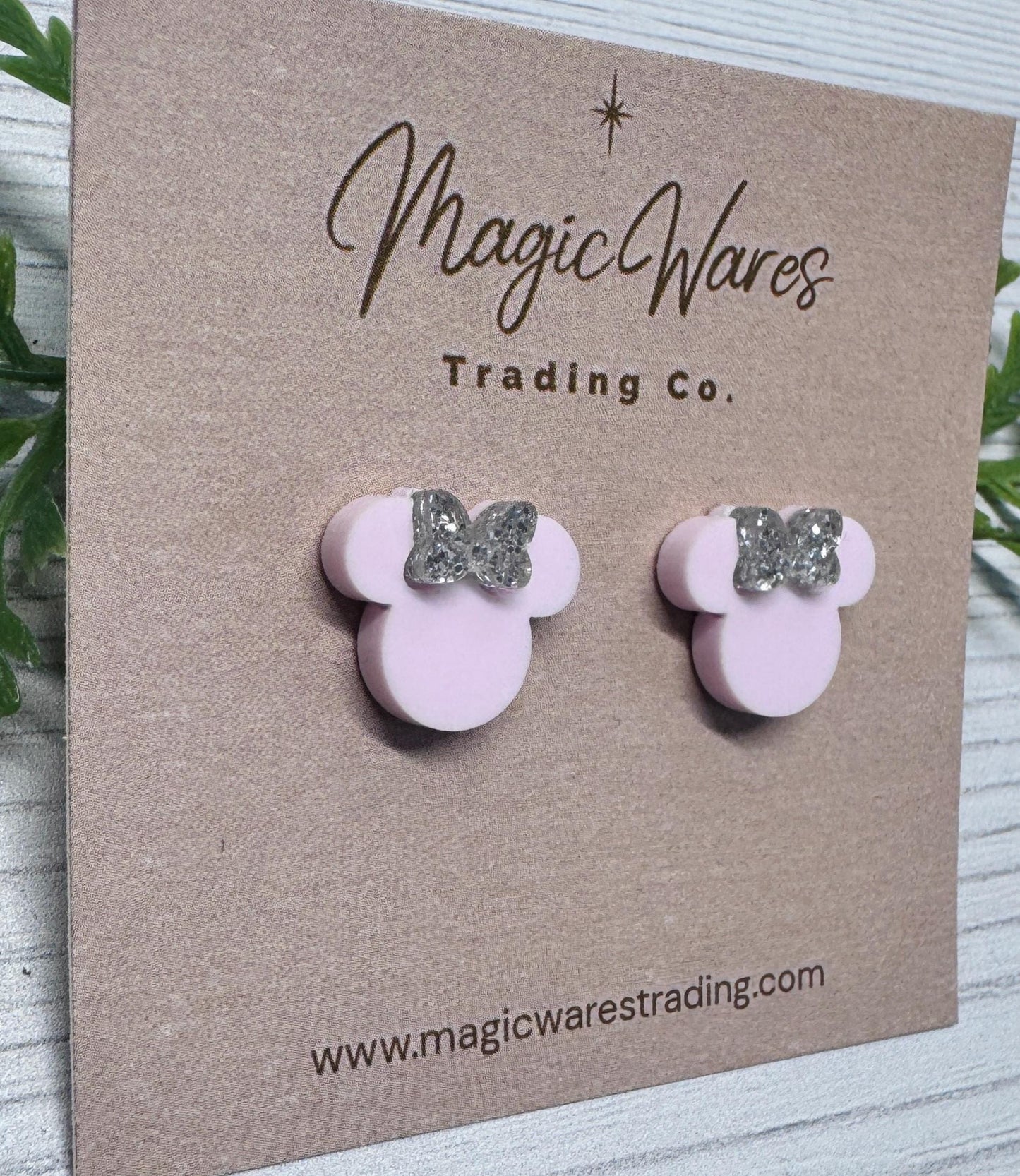 Blush Pink with Silver Glitter Bow Mouse Head Stud Earrings, Clip-ons available