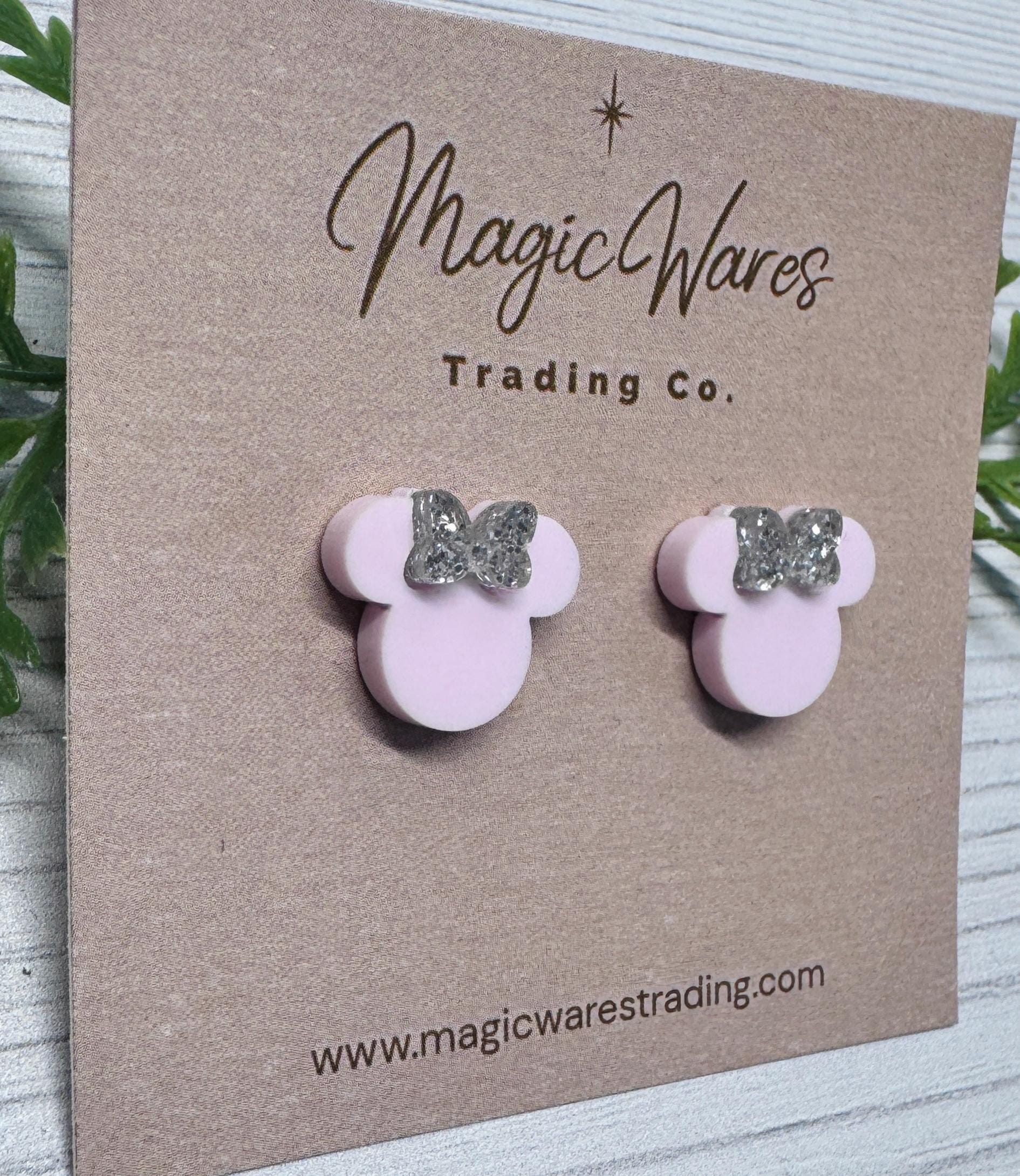 Blush Pink with Silver Glitter Bow Mouse Head Stud Earrings, Clip-ons available