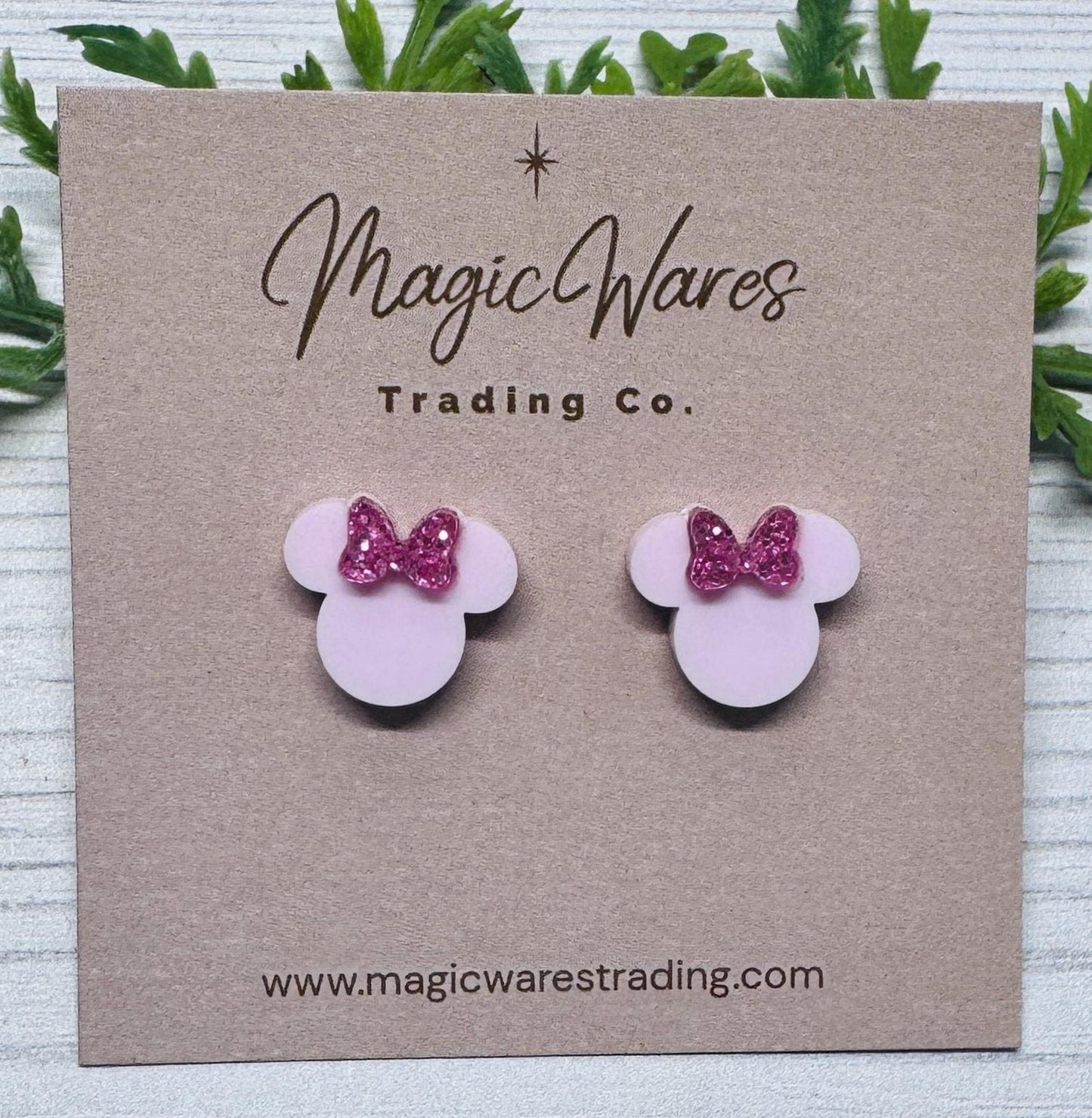 Blush Pink with Pink Glitter Bow Mouse Head Stud Earrings, Clip-ons available