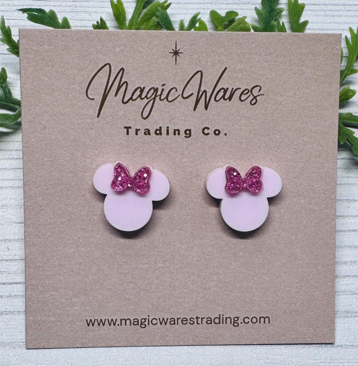 Blush Pink with Pink Glitter Bow Mouse Head Stud Earrings, Clip-ons available