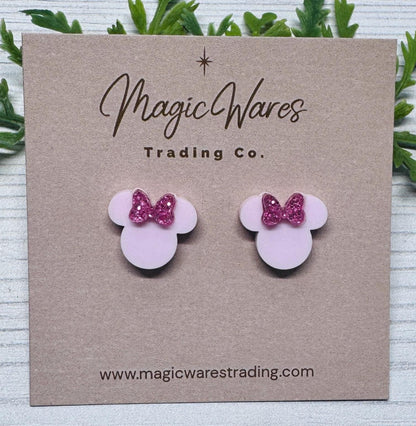 Blush Pink with Pink Glitter Bow Mouse Head Stud Earrings, Clip-ons available