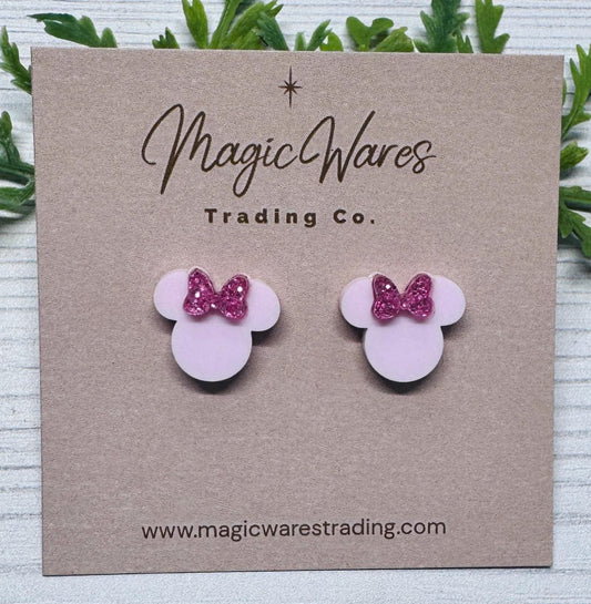 Blush Pink with Pink Glitter Bow Mouse Head Stud Earrings, Clip-ons available