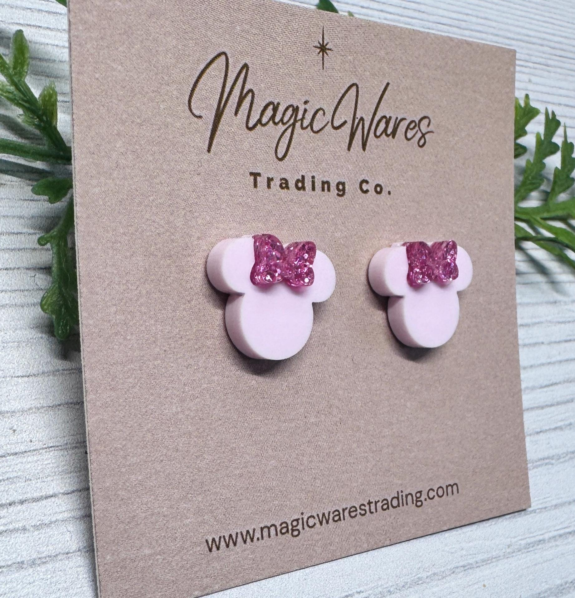 Blush Pink with Pink Glitter Bow Mouse Head Stud Earrings, Clip-ons available