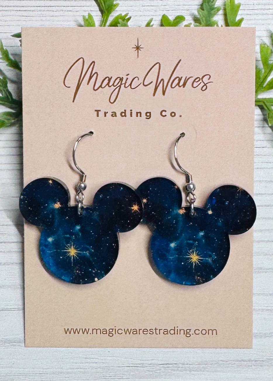Cosmic Galaxy Mouse Earrings, Blue Acrylic Dangles, Guardians Earrings