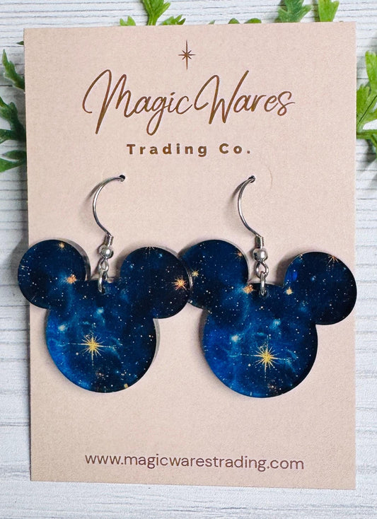 Cosmic Galaxy Mouse Earrings, Blue Acrylic Dangles, Guardians Earrings