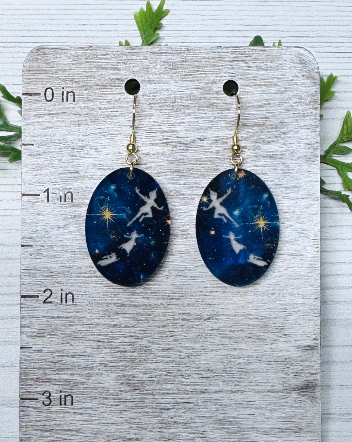 Neverland Night Sky Oval Dangle Earrings: Engraved Acrylic, Surgical Steel hooks
