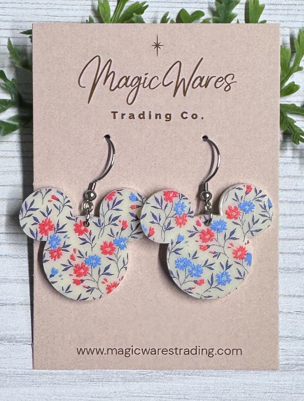 Patriotic Wildflowers Mouse Head Dangle Earrings, Lightweight Acrylic Dangles, 4th of July