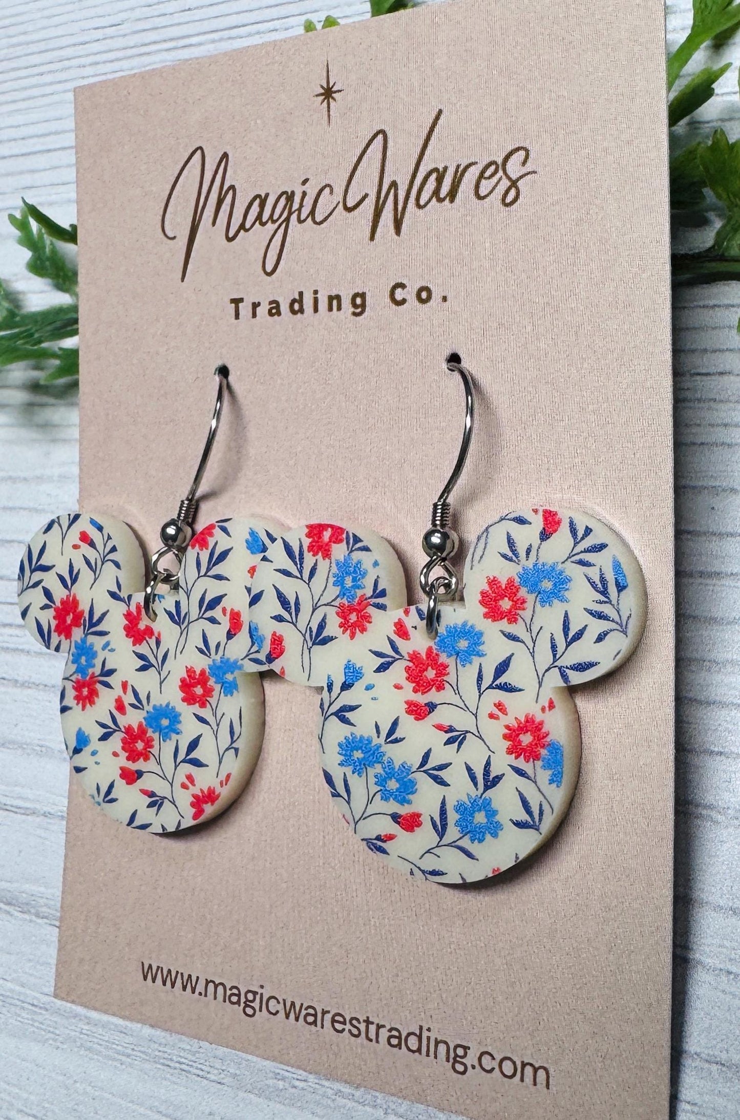 Patriotic Wildflowers Mouse Head Dangle Earrings, Lightweight Acrylic Dangles, 4th of July