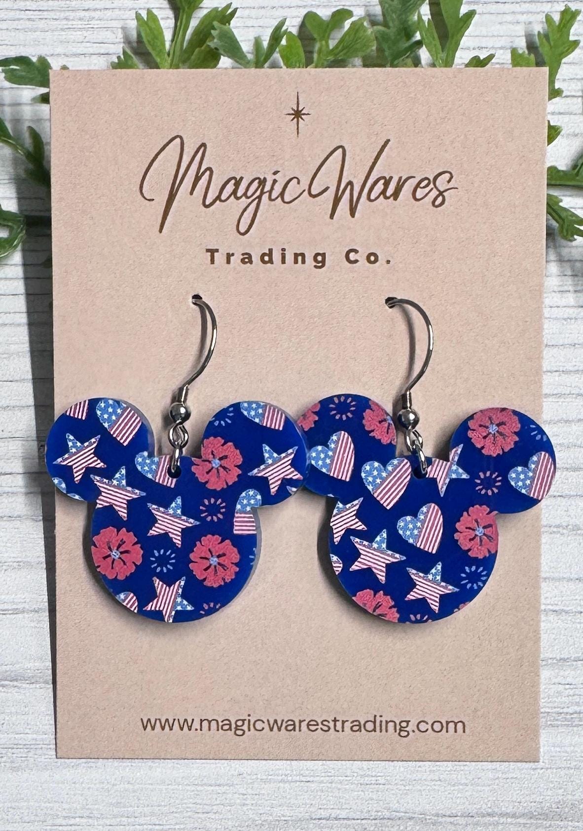 Patriotic Hearts and Stars Mouse Head Dangle Earrings, Lightweight Acrylic Dangles, 4th of July