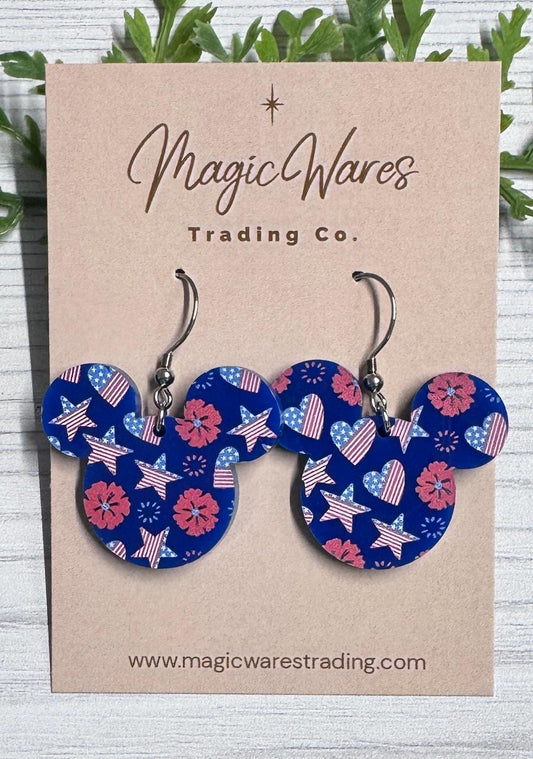 Patriotic Hearts and Stars Mouse Head Dangle Earrings, Lightweight Acrylic Dangles, 4th of July
