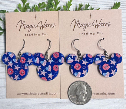 Patriotic Hearts and Stars Mouse Head Dangle Earrings, Lightweight Acrylic Dangles, 4th of July