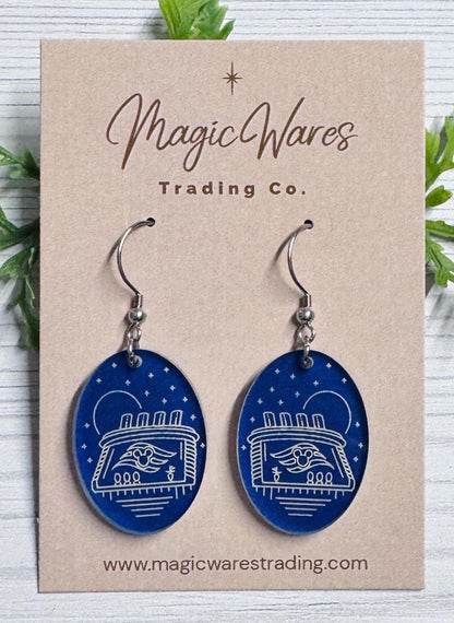 Moonlight Cruise Oval Dangle Earrings: Engraved Acrylic, Surgical Steel hooks