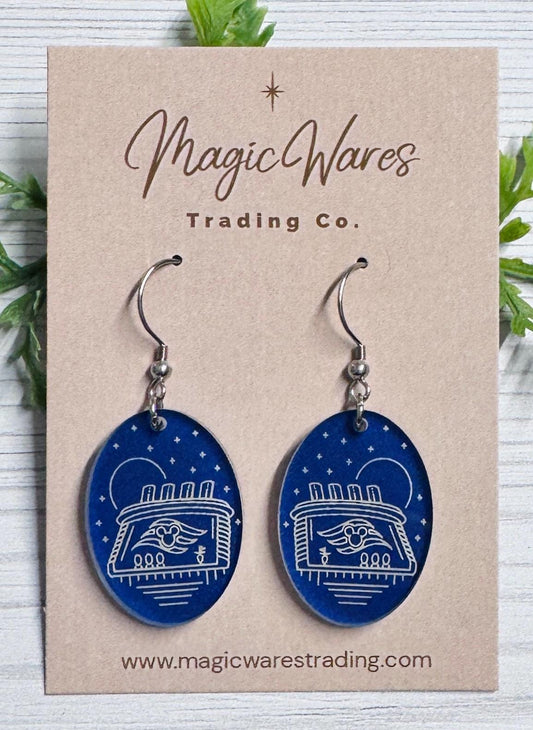 Moonlight Cruise Oval Dangle Earrings: Engraved Acrylic, Surgical Steel hooks