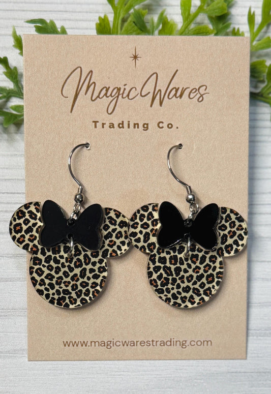 Leopard Minnie Leopard Black Bow Dangles, Laser cut Acrylic Earrings, Animal Kingdom inspired