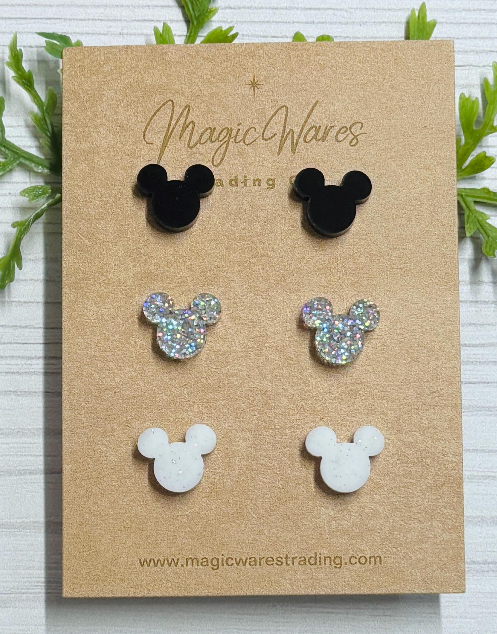 Monochrome Mouse Studs Trio, Small stud Earrings Multi Color Glitter earrings