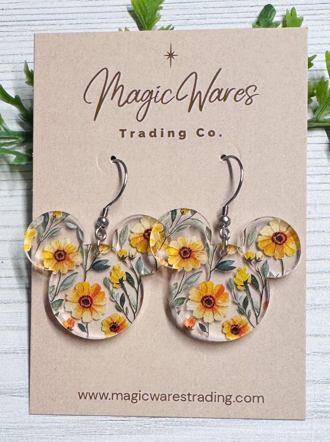 Sunshine Blooms Mouse Dangle Earrings, Yellow Floral Acrylic, Flower and Garden
