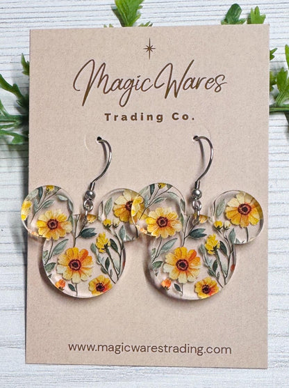 Sunshine Blooms Mouse Dangle Earrings, Yellow Floral Acrylic, Flower and Garden