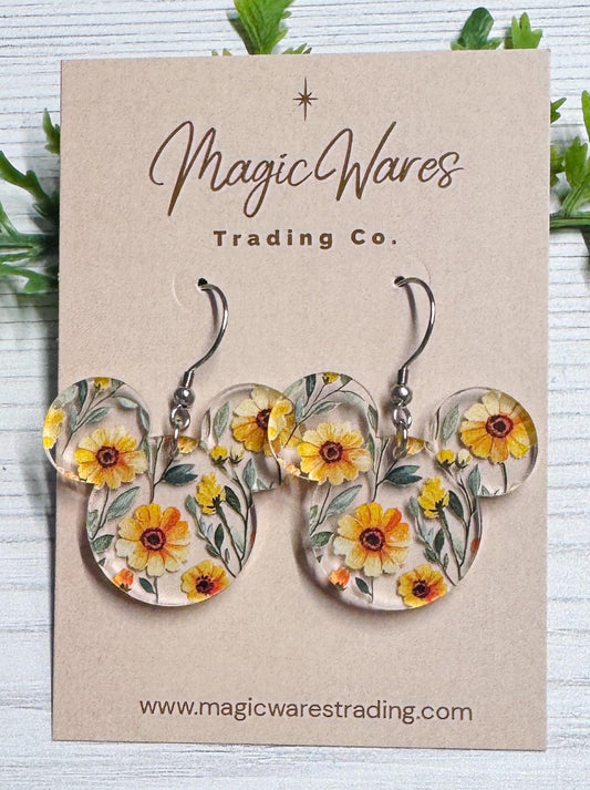 Sunshine Blooms Mouse Dangle Earrings, Yellow Floral Acrylic, Flower and Garden