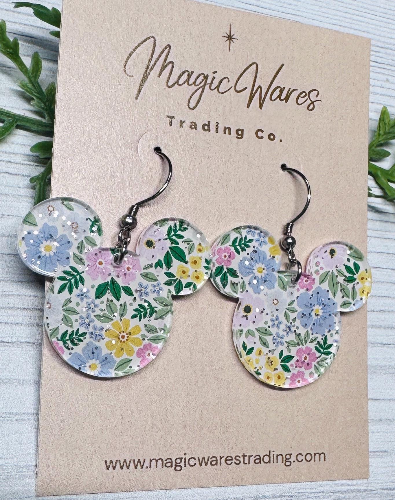 Fairy Glitter Floral Mouse Dangle Earrings, Laser cut Floral acrylic, Flower and Garden Festival