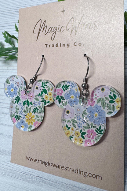 Fairy Glitter Floral Mouse Dangle Earrings, Laser cut Floral acrylic, Flower and Garden Festival