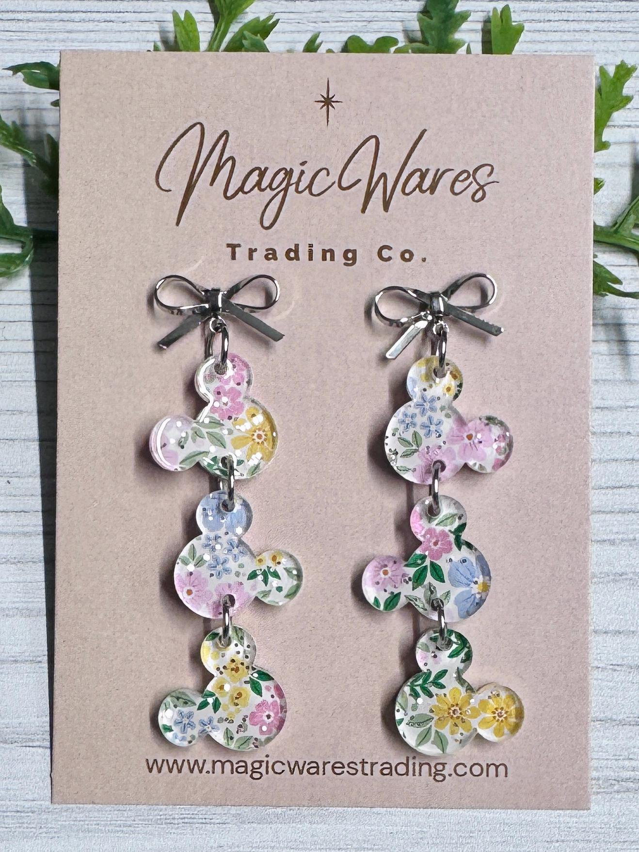 Fairy Glitter Floral Mouse Gems Dangle Earrings: Silver Stainless Steel Bow Studs