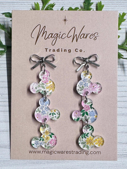 Fairy Glitter Floral Mouse Gems Dangle Earrings: Silver Stainless Steel Bow Studs